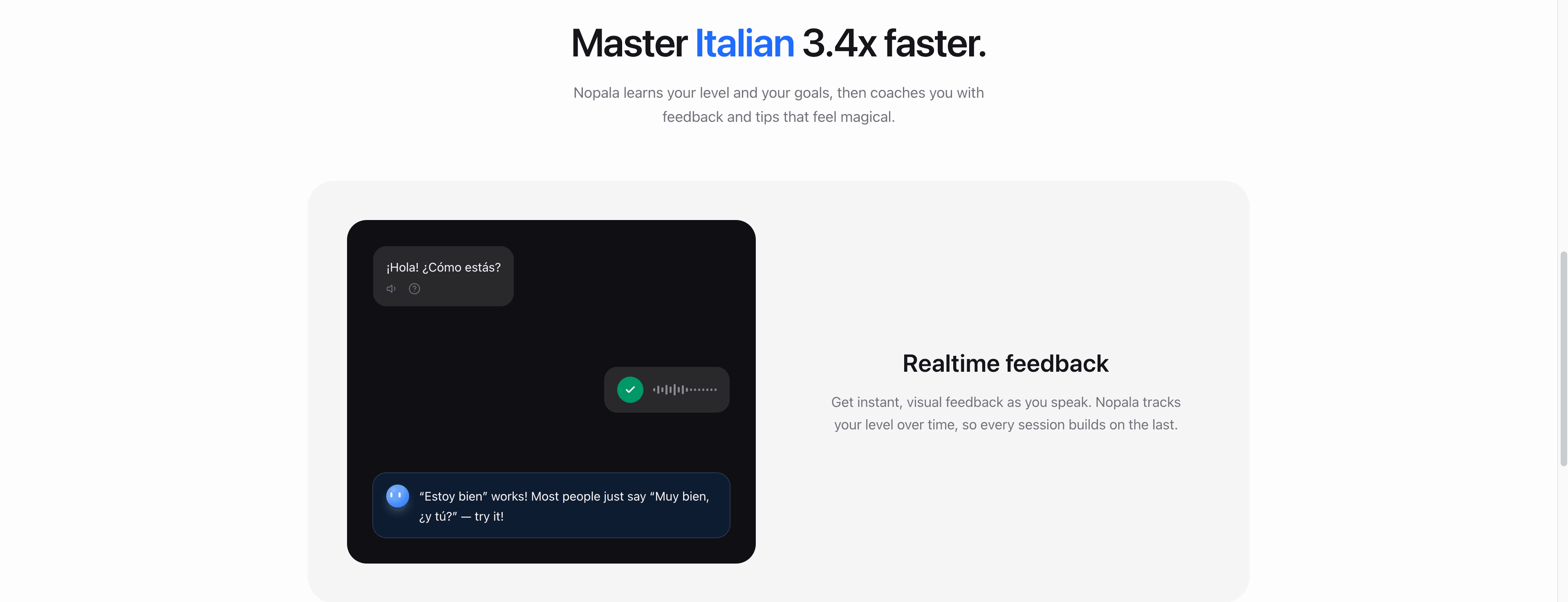 Realtime feedback panel showing a Spanish coaching correction inside a chat UI