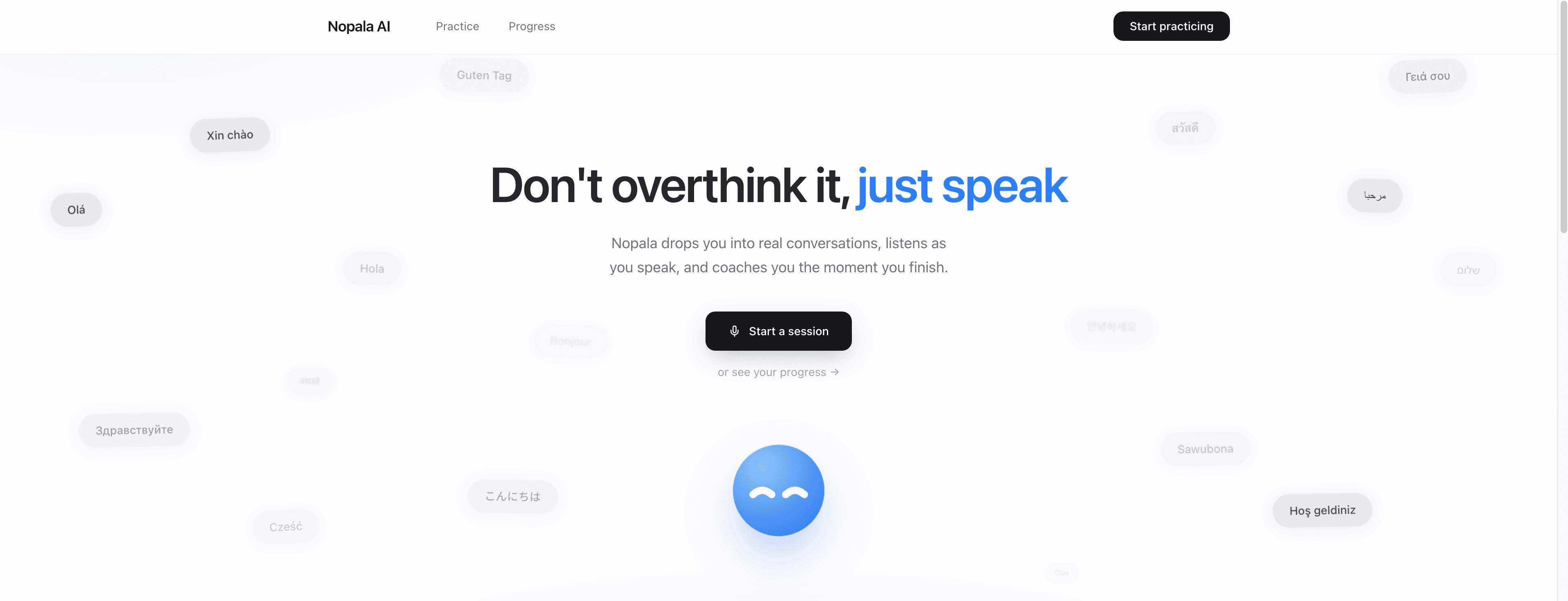 Nopala AI landing page with multilingual chat bubbles and 'Don't overthink it, just speak' headline